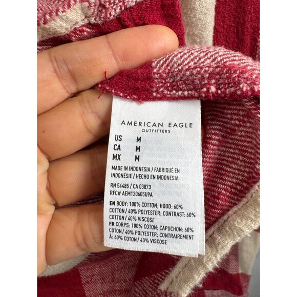 American Eagle hooded plaid crop relaxed button top red preppy sz M - Picture 4 of 7